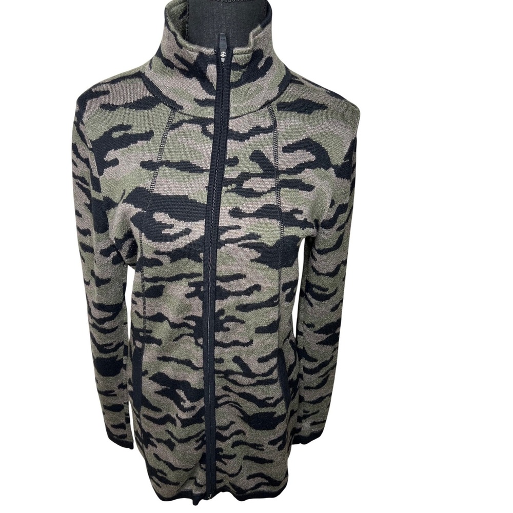 Cynthia Rowley Active Womens Camo Knit Full Zip Mock‎ Neck Jacket Green Black L